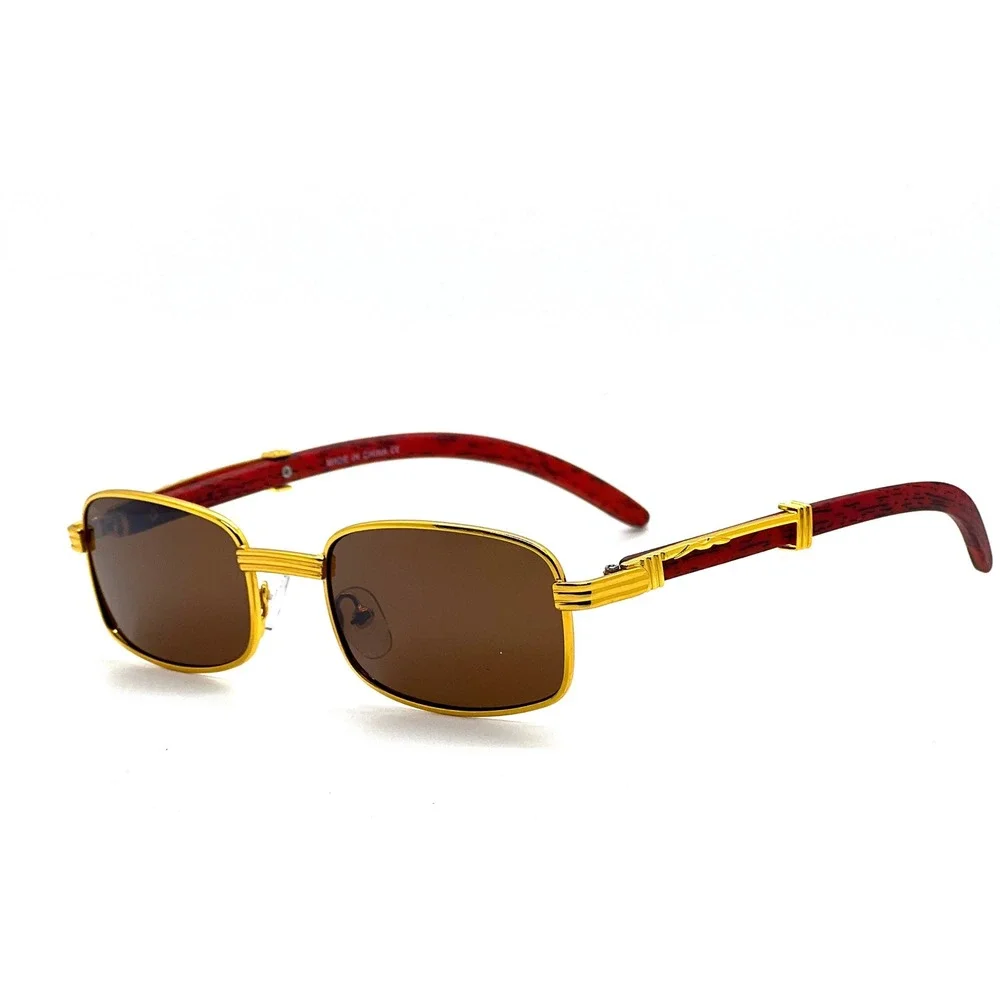 Gold Frame Sunglasses Brown Lens Wood Arms Rectangular Mens Fashion Small Shades